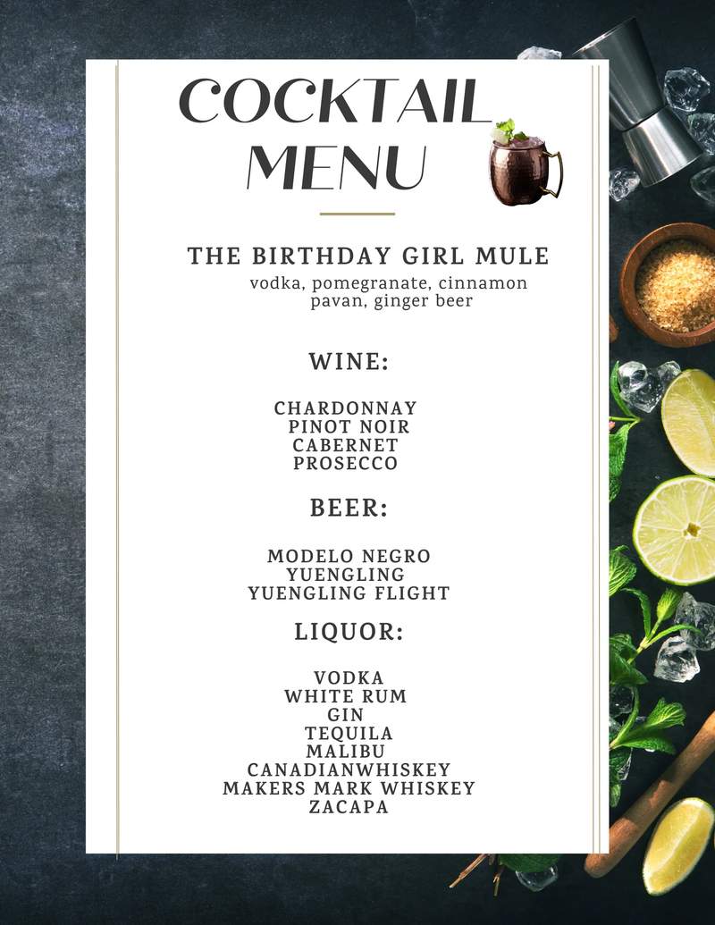 Elegant printed drink menu with cocktails by JDC Experience